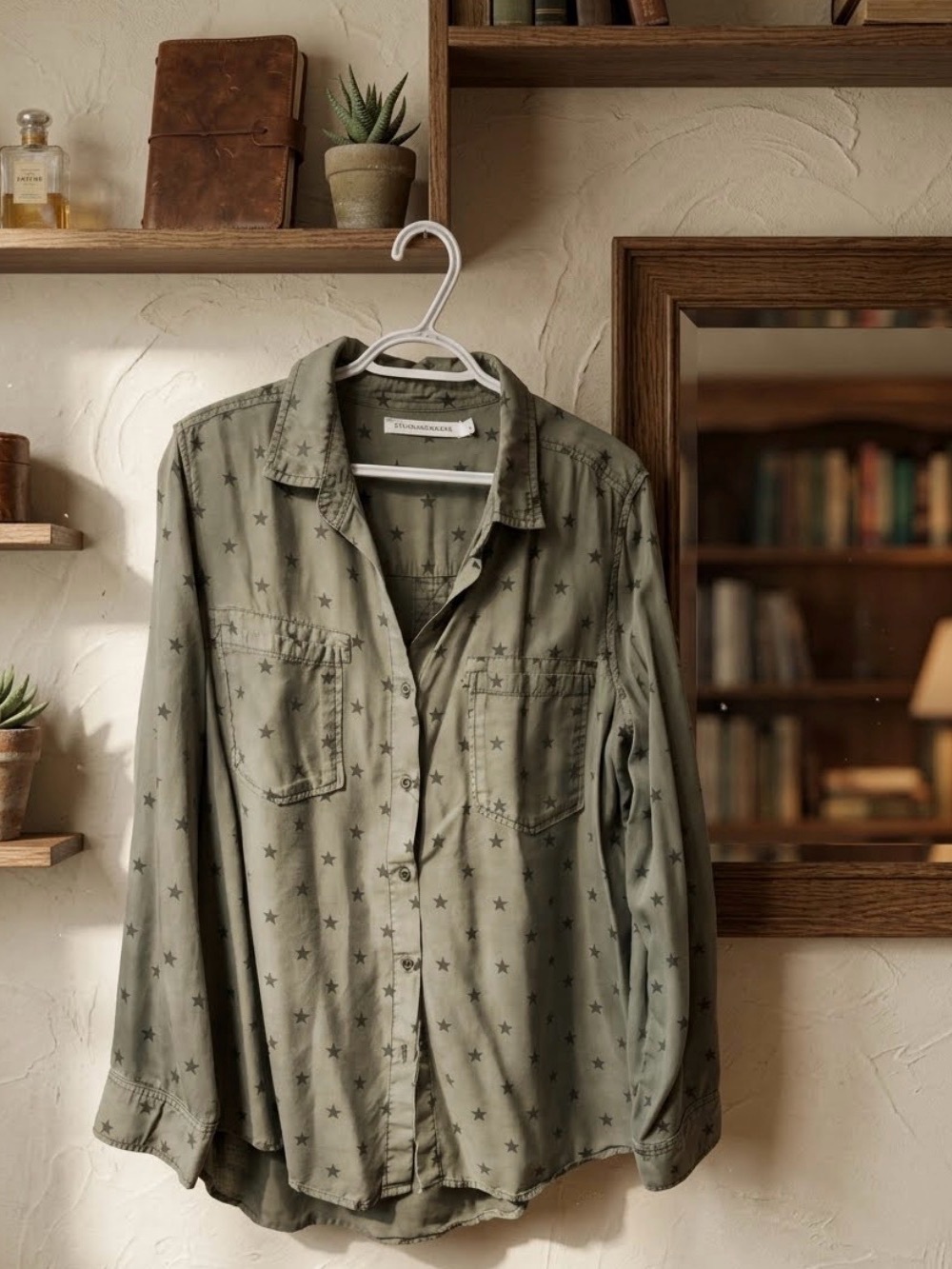Star Print Button-Up Shirt in Olive Green